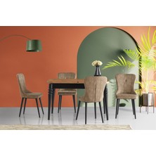 Viento Mobilya Lavinya Kaşıklıklı Antik Çam Açılır 130X80 Masa Leon 6 Adet Kahve Sandalye Kumaş Masa Takımı