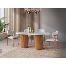 Viento Mobilya Bohem Beyaz Highgloss Sabit 180X90 Masa Liza 4 Adet Beyaz Bukle Kumaş Ahşap Sandalye Masa Takımı