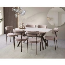 Viento Mobilya Valentin Aytaşı Highgloss Açılır 160X90 Masa Vera 6 Adet Vizon Bukle Kumaş Sandalye Masa Takımı