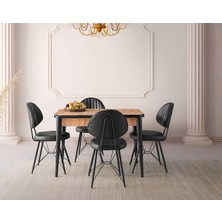 Viento Mobilya Kelebek Antik Çam Mdf Açılır 110X70 Masa Ahtapot 4 Adet Siyah Suni Deri Sandalye Masa Takımı