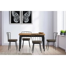 Viento Mobilya Polo Antik Çam Desen Açılır 120X70 Masa Ay 4 Adet Kahve Keten Kumaş Sandalye Masa Takımı
