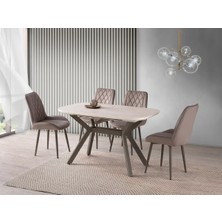 Viento Mobilya Valentin Traverten Mdf Açılır 130X80 Masa Riva 4 Adet Vizon Babyface Kumaş Sandalye Masa Takımı