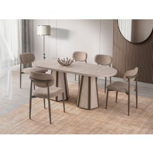 Viento Mobilya Bohem Traverten Desen Mdf Açılır 160X90 Masa Liza 8 Adet Vizon Coco Kumaş Sandalye Masa Takımı