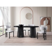 Viento Mobilya Bohem Sonato Highgloss Sabit 180X90 Masa Tuna 4 Adet Beyaz Bukle Kumaş Sandalye Masa Takımı