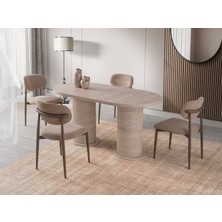 Viento Mobilya Bohem Traverten Desen Mdf Sabit 180X90 Masa Liza 8 Adet Vizon Bukle Kumaş Sandalye Masa Takımı