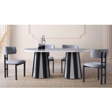 Viento Mobilya Bohem Sis Gri Highgloss Sabit 180X90 Masa Tuna 6 Adet Açık Gri Bukle Kumaş Sandalye Masa Takımı