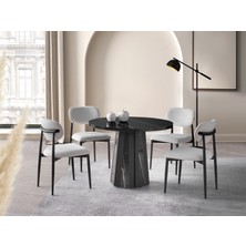 Viento Mobilya Bohem Sonata Highgloss Yuvarlak 104X104 Masa Liza 4 Adet Beyaz Bukle Kumaş Sandalye Masa Takımı