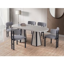 Viento Mobilya Bohem Marmo Highgloss Açılır 160X90 Masa Tuna 8 Adet Açık Gri Bukle Kumaş Sandalye Masa Takımı