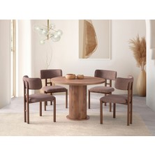 Viento Mobilya Bohem Antik Çam Desen Yuvarlak 104X104 Masa Tuna 4 Adet Kahve Bukle Kumaş Sandalye Masa Takımı