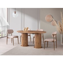 Viento Mobilya Bohem Antik Çam Desen Açılır 160X90 Masa Liza 8 Adet Vizon Bukle Kumaş Sandalye Masa Takımı