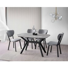 Viento Mobilya Valentin Retro Gümüş Mdf Açılır 130X80 Masa Elma 4 Adet Gri Babyface Kumaş Sandalye Masa Takımı