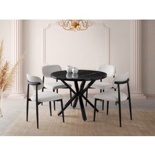 Viento Mobilya Bohem Sonata Highgloss Yuvarlak 104X104 Masa Liza 6 Adet Beyaz Bukle Kumaş Sandalye Masa Takımı