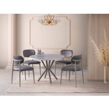 Viento Mobilya Bohem Sis Gri Highgloss Yuvarlak 104X104 Masa Liza 4 Adet Gri Babyface Kumaş Sandalye Masa Takımı