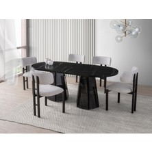 Viento Mobilya Bohem Sonato Highgloss Sabit 180X90 Masa Tuna 8 Adet Beyaz Bukle Kumaş Sandalye Masa Takımı