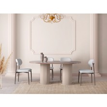 Viento Mobilya Bohem Cappucino Highgloss Sabit 180X90 Masa Liza 8 Adet Krem Bukle Kumaş Sandalye Masa Takımı