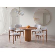 Viento Mobilya Bohem Antik Çam Desen Yuvarlak 104X104 Masa Liza 6 Adet Beyaz Bukle Kumaş Sandalye Masa Takımı
