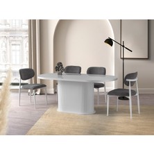 Viento Mobilya Bohem Beyaz Highgloss Sabit 180X90 Masa Liza 8 Adet Krem Bukle Kumaş Sandalye Masa Takımı