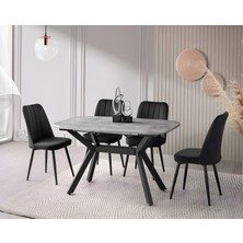 Viento Mobilya Valentin Retro Gümüş Mdf Açılır 130X80 Masa Nil 6 Adet Siyah Babyface Kumaş Sandalye Masa Takımı