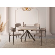 Viento Mobilya Nova Traverten Mdf Yandan Açılır 120X70 Masa Liza 6 Adet Vizon Bukle Kumaş Sandalye Masa Takımı