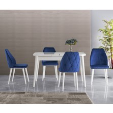 Viento Mobilya Lavinya Kaşıklıklı Beyaz Açılır 130X80 Masa Hira 4 Adet Mavi B.face Sandalye Kumaş Masa Takımı