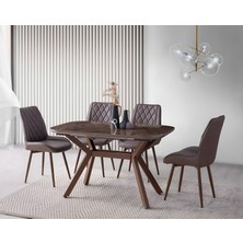 Viento Mobilya Valentin Kuvars Hg Açılır 130X80 Masa Riva 6 Adet Kahve Suni Deri Kumaş Sandalye Masa Takımı