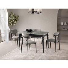 Viento Mobilya Kelebek Yeni Marmo Desen Açılır 110X70 Masa Liza 4 Adet Gri Coco Kumaş Sandalye Masa Takımı