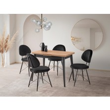 Viento Mobilya Polo Antik Çam Desen Açılır 100X60 Masa Ahtapot 4 Adet Siyah Babyface Kumaş Sandalye Masa Takımı