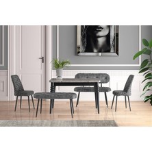 Viento Mobilya Yakamoz Retro Gümüş Desen Açılır 120X80 Masa 6 Kişilik Bench Takımı Gri Kazayağı Sandalye Masa Takımı