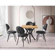 Viento Mobilya Kütük Leglano Desen Mdf Sabit 80X80 Masa Ahtapot 4 Adet Siyah Suni Deri Sandalye Masa Takımı