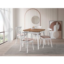 Viento Mobilya Luna Antik Çam Desen Açılır 80X75 Masa Bahar 4 Adet Vizon Döşeme Kumaş Sandalye Masa Takımı