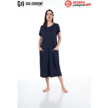 Gd Goldoremi 23234 Premium Kadın Açık Yaka Kısa Kollu Rahat Kalıp Bol Kısa Kollu Cepli Elbise