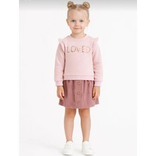 Kız Çocuk "loved" Nakışlı Sweatshirt ve  Kadife Etek Ikili TAKIM-107581P