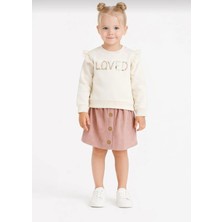 Kız Çocuk "loved" Nakışlı Sweatshirt ve Kadife Etek Ikili TAKIM-107581B