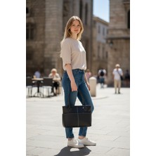 Dilorans Kadın Tote Shopper Çanta Kontrast Dikiş Ön Cep ve Cüzdan Detaylı Geniş Hacimli Casual Günlük Omuz Çantası