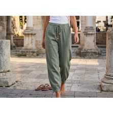 Hale Shop %100 Keten Paça Pileli Haki Pantolon