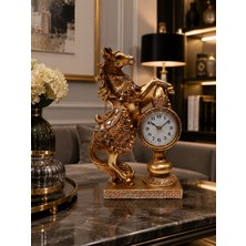 Hediye Filesi Gold Eskitme Ayna Işlemeli At Figürlü Masa Saati – 25X16 cm Dekoratif ve Şık Tasarım  Premium Hediye