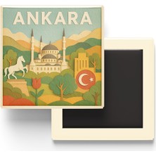 İberk Ankara - Memleket Temalı - Paper Cut Art - Baskılı Buzdolap Magneti Kare - 9x9 cm