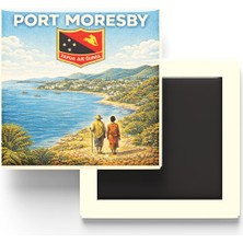 İberk Retro Papua Yeni Gine Port Moresby Şehri Temalı Vintage Buzdolap Magneti – 9x9 cm