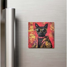 İberk Black Cat - Siyah Kedi - Güneş Gözlüklü Style - Buzdolap Magneti - 9x9 cm