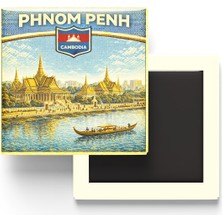 İberk Retro Kamboçya Phnom Penh Şehri Temalı Vintage Buzdolap Magneti – 9x9 cm