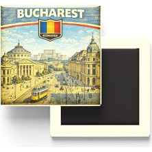 İberk Retro Romanya Bükreş Şehri Temalı Vintage Buzdolap Magneti – 9x9 cm