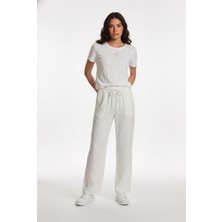 Cotton Lab Beyaz Keten Efekt Bol Kesim Belden Bağlamalı Pantolon