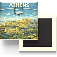 İberk Retro Yunanistan Atina Şehri Temalı Vintage Buzdolap Magneti – 9x9 cm