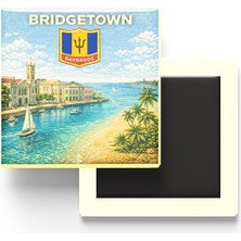 İberk Retro Barbados Bridgetown Şehri Temalı Vintage Buzdolap Magneti – 9x9 cm