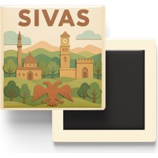 İberk Sivas - Memleket Temalı - Paper Cut Art - Baskılı Buzdolap Magneti Kare - 9x9 cm