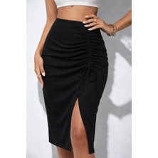 Defy Moda Kadın Beli Lastikli Yandan Büzgülü Bağcık Detaylı Midi Kaşkorse Etek