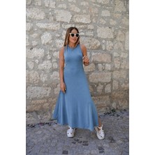 Defy Moda Kadın Arkadan Çapraz Detay Yuvarlak Yaka Maksi Viskon Elbise