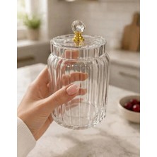 3'lü  Borosilikat Cam Optik Çizgili Kristal Gold Kapaklı Kavanoz Seti 630 ml