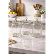Morponi 3'lü  Borosilikat Cam Optik Çizgili Kristal Gold Kapaklı Kavanoz Seti 630 ml