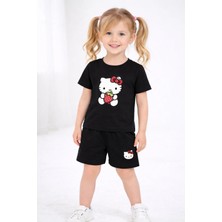 CC Collection Çilekli Kedi Baskılı Kız Çocuk Şortlu Takım Tişört Şort Alt Üst Set